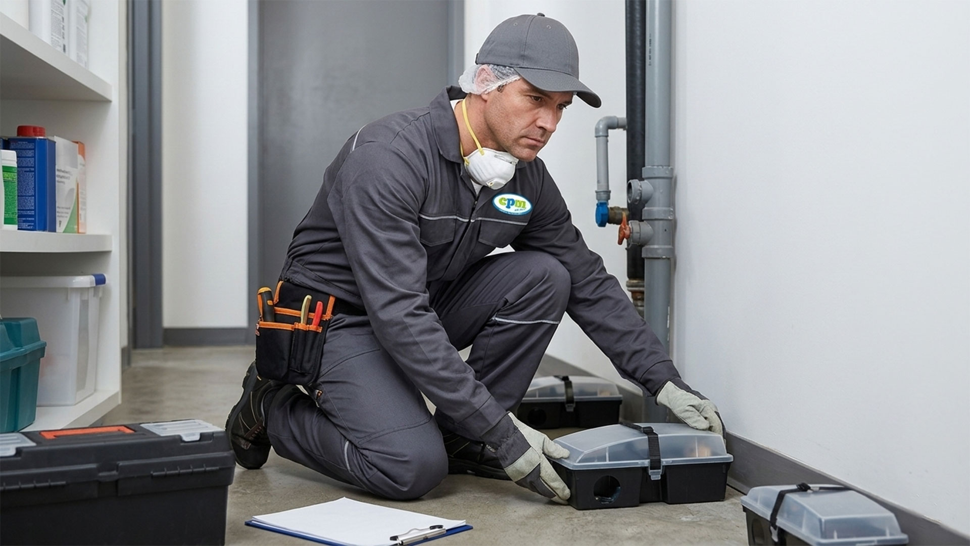 Tecnico di CPM Group posiziona erogatori di sicurezza con esche per il servizio di derattizzazione e monitoraggio roditori in un locale tecnico.