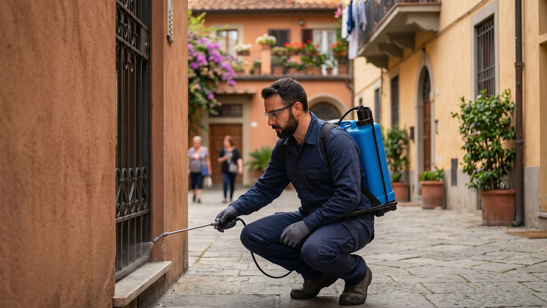 Disinfestazione contro insetti striscianti e volanti a Roma: operatore esegue un trattamento perimetrale esterno con pompa a spalla.