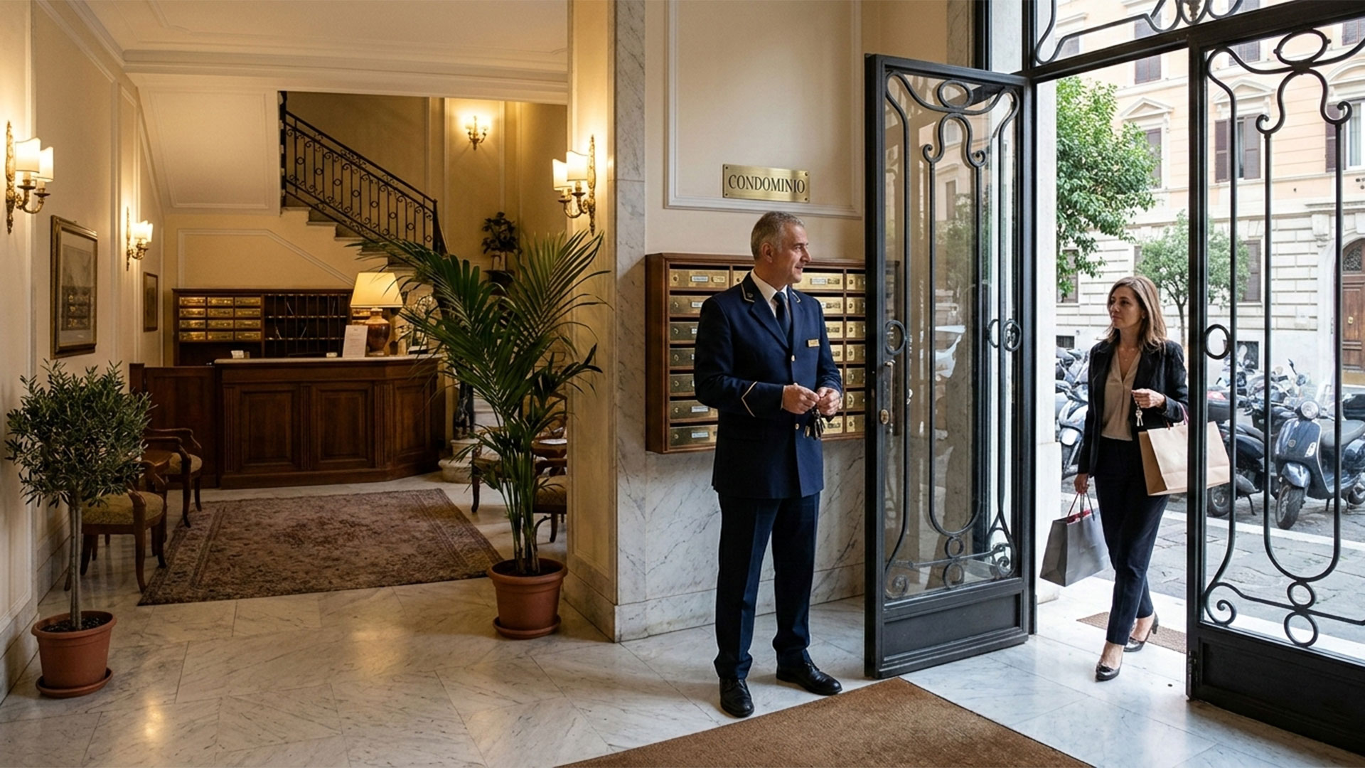 Addetto al servizio di portierato e custodia in uniforme accoglie una residente nell'androne di un condominio signorile a Roma.