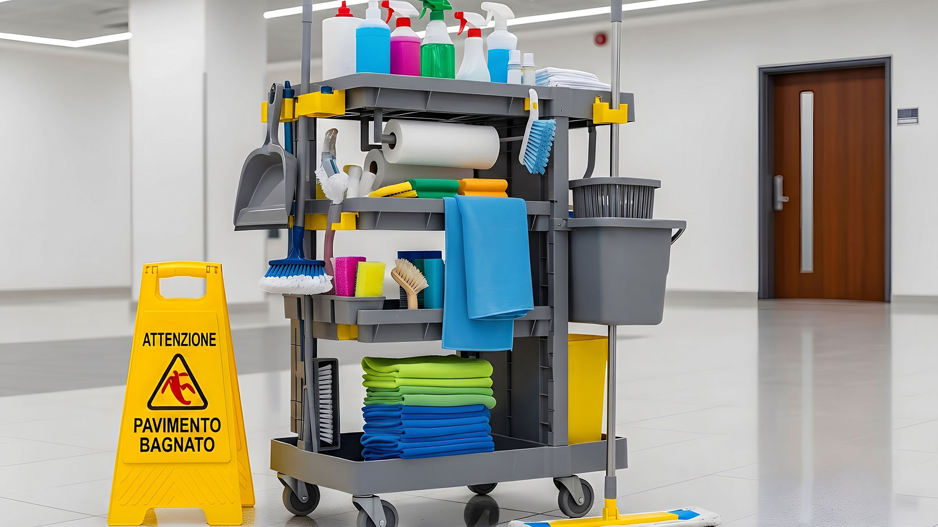 Carrello attrezzato per pulizie professionali con detergenti e cartello di avviso pavimento bagnato per l'igiene ambientale di uffici e aziende.
