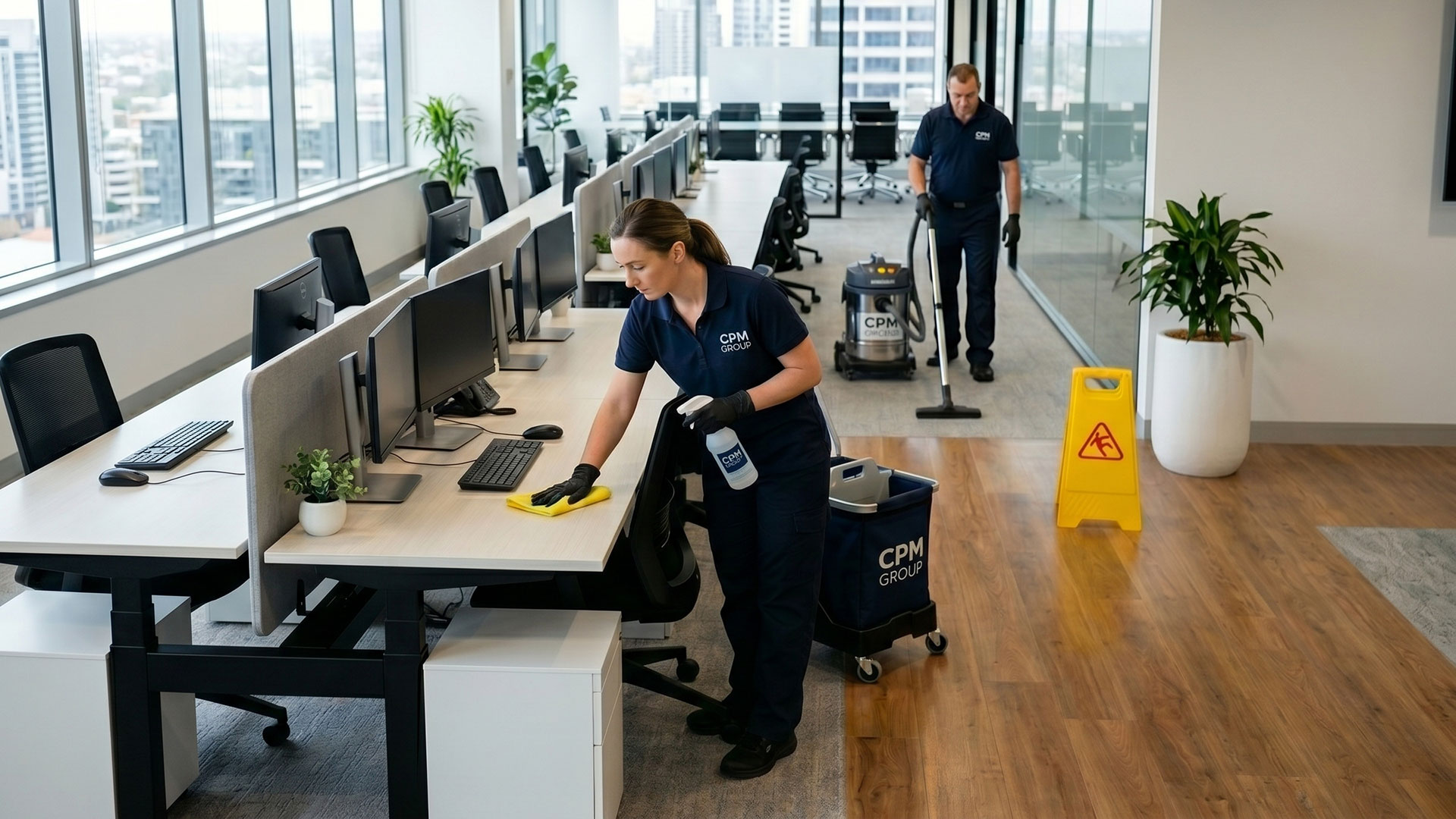 Operatori CPM Group eseguono la pulizia ordinaria e la sanificazione delle postazioni di lavoro e dei pavimenti in un ufficio moderno.