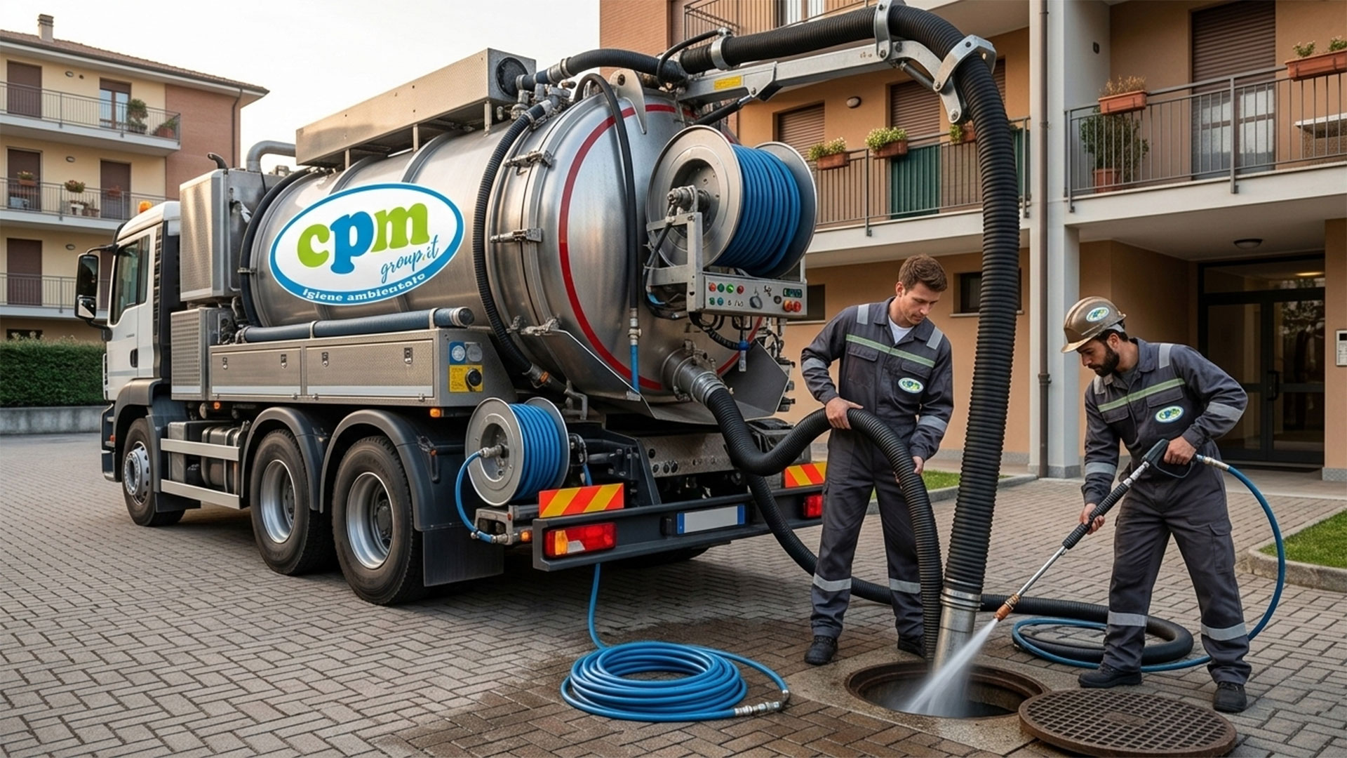 Operatori di CPM Group utilizzano un automezzo Canal-Jet per lo spurgo delle fognature e la disostruzione di un pozzetto condominiale a Roma.